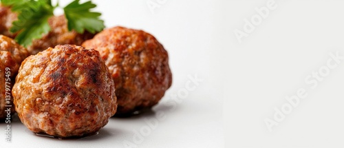 A close-up of delicious meatballs garnished with fresh parsley on a clean white background, highlighting their savory texture and appetizing appearance.