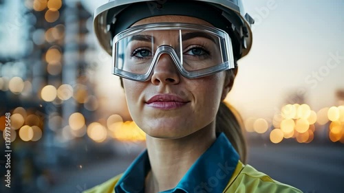 Confident Female Engineer at Industrial Site During Sunset Hour