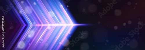 Neon arrow boost abstract background. Glowing shiny lines and shapes in dynamic composition, speed motion trail effect. Futuristic progress technology style design in vibrant blue and purple colors.