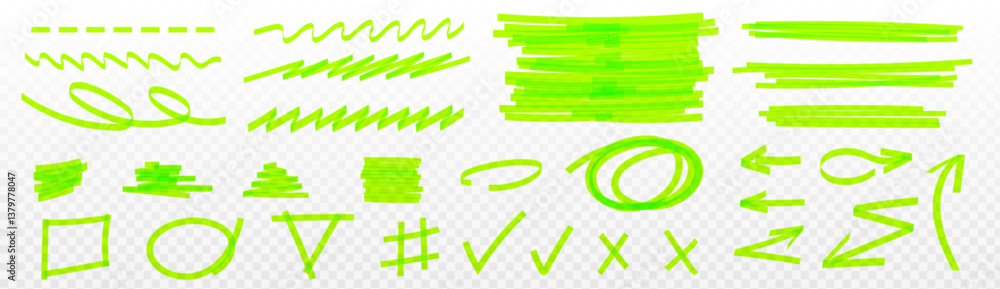 Highlight marker lines and underlines, frames and arrows set. Bright neon green hand drawn graphic elements on transparent background. Doodle style shapes, check marks for emphasis or text selection.