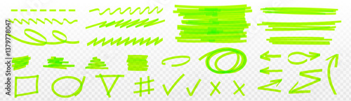 Highlight marker lines and underlines, frames and arrows set. Bright neon green hand drawn graphic elements on transparent background. Doodle style shapes, check marks for emphasis or text selection.