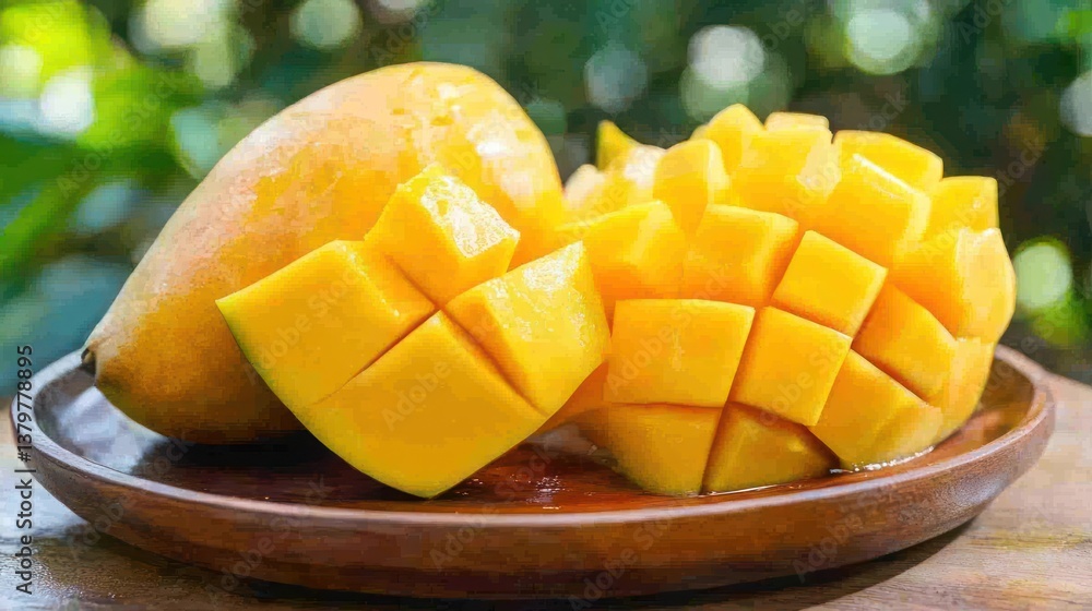 Freshly cut mango cubes on wooden plate Freshly cut mango cubes on wooden plate
