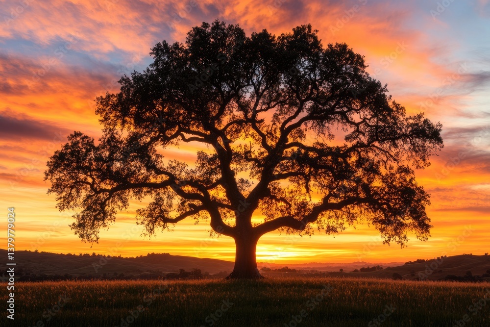 Silhouetted oak tree stands majestically against a vibrant, fiery sunset over rolling hills. Silhouetted oak tree stands majestically against a vibrant, fiery sunset over rolling hills.