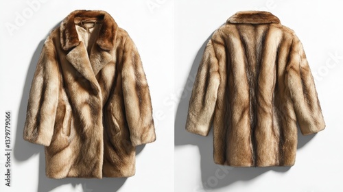 Luxurious brown fur coat on white background - front and back views