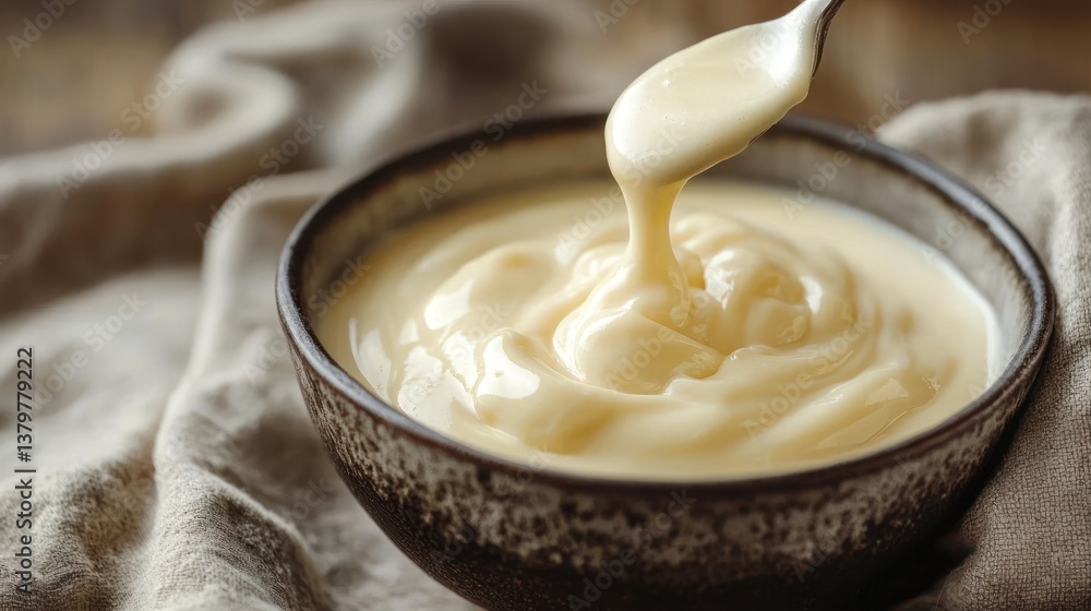 Creamy sauce poured from spoon into bowl Creamy sauce poured from spoon into bowl