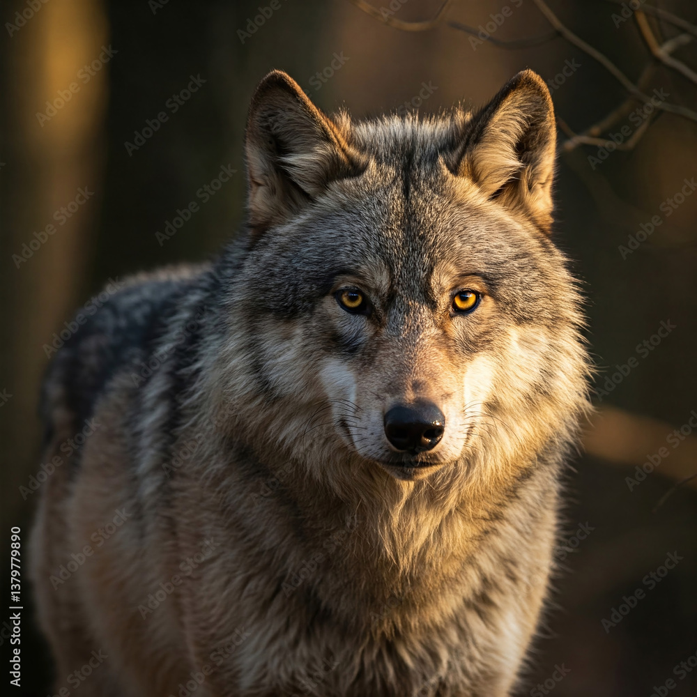 Fototapeta premium Direct Gaze: Majestic Wolf Portrait in Warm Light, Forest Close-Up
