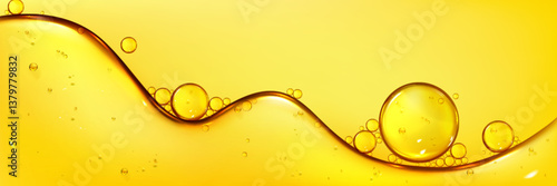 Oil texture forms bubble shapes, glistening yellow background with smooth wavy surface, floating circular golden elements. shiny fluid glossy pattern in bright amber color - petroleum closeup design.