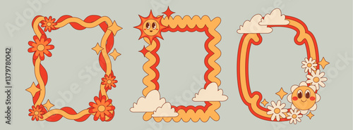 Groovy set of frames with wavy edges isolated on background. Vector cartoon illustration of yellow orange scallop borders with clouds, flower and sun characters, doodle art rectangle and oval poster