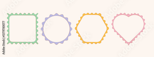 Set of scallop frames with wavy edges isolated on white background. Vector cartoon illustration of square, round, hexagon, heart shape borders with color doodle art design for poster, game avatar