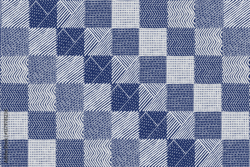 Crafted hand drawn brush lines abstract stitching check pattern, Japanese traditional embroidery, weaving textured background in white and blue, simple and humble graphic for textile, carpet