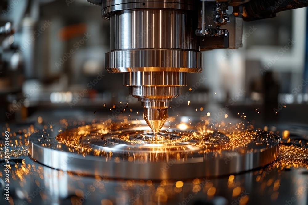 Precision metalworking process showcases laser cutting machine in action, creating intricate designs with sparks in workshop Precision metalworking process showcases laser cutting machine in action, creating intricate designs with sparks in workshop