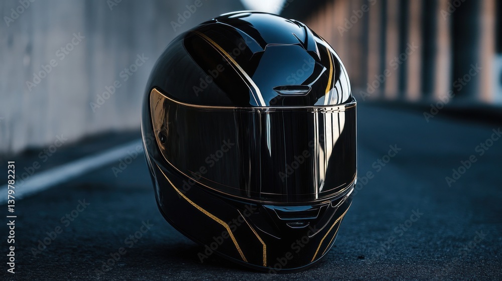 Sleek black motorcycle helmet with gold accents Sleek black motorcycle helmet with gold accents