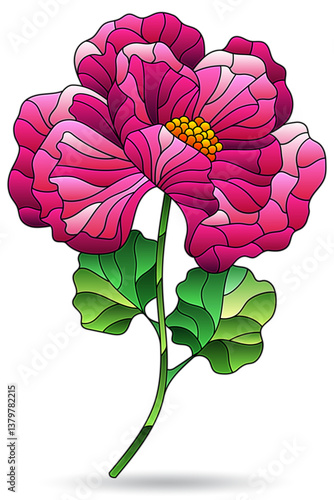 An illustration in the style of stained glass flower of poppy, plant isolated on a white background
