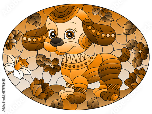 An illustration in the style of a stained glass window with a cute puppy on a background of sky, meadows and flowers, tone brown