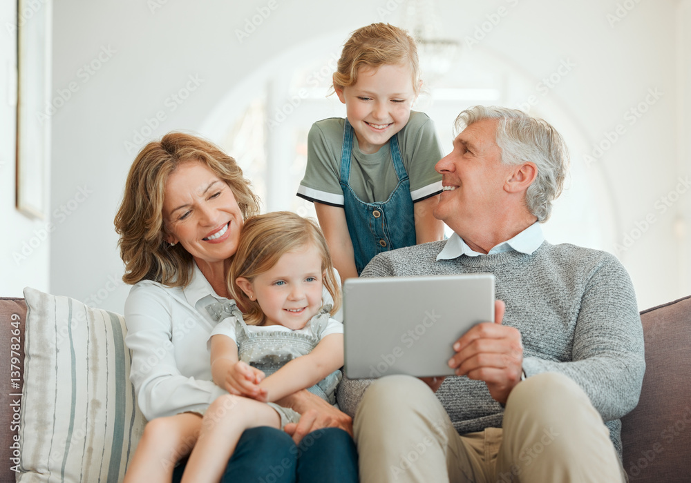 Grandparents, tablet and kids with movie streaming, internet learning and youth game with generations. Happy, smile and bonding from comedy show watching on website with tech and love from family Grandparents, tablet and kids with movie streaming, internet learning and youth game with generations. Happy, smile and bonding from comedy show watching on website with tech and love from family