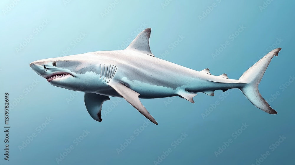 Fototapeta premium Oceanic Predator: A striking depiction of a sleek shark gliding through the deep blue, showcasing the creature's powerful form and the majesty of marine life.