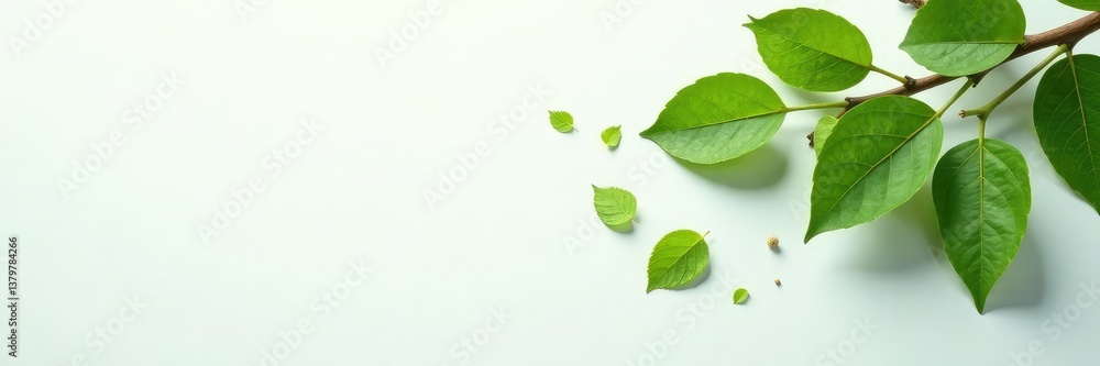 Fototapeta premium Branches with leaves scattered on a white surface, branch, leafy green