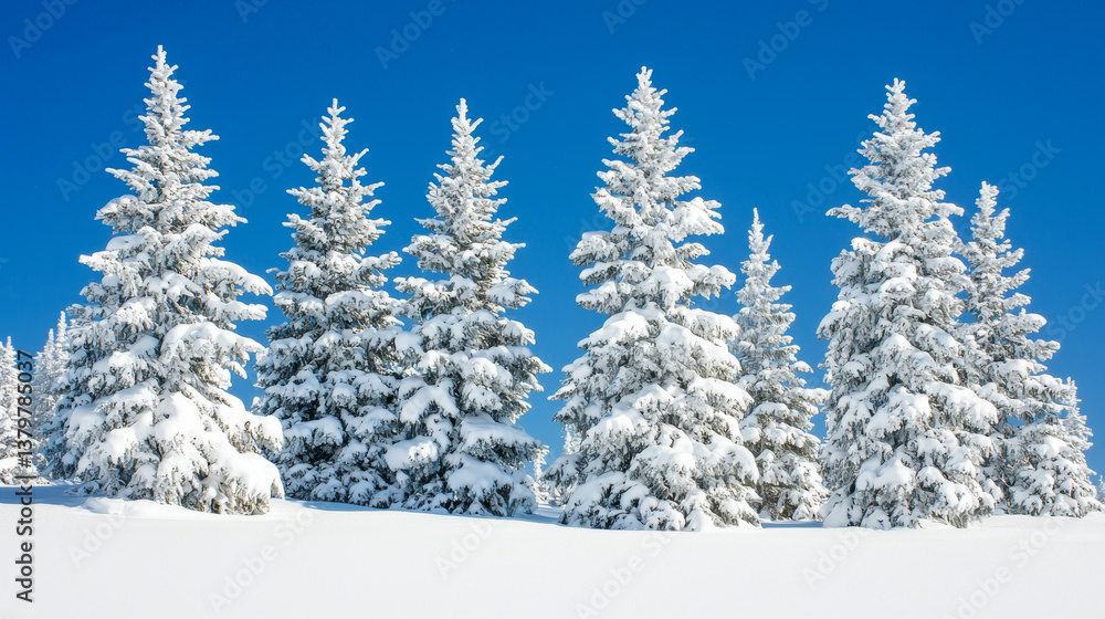 Snow laden trees stand majestically against clear blue sky, creating serene winter landscape that evokes peace and tranquility Snow laden trees stand majestically against clear blue sky, creating serene winter landscape that evokes peace and tranquility