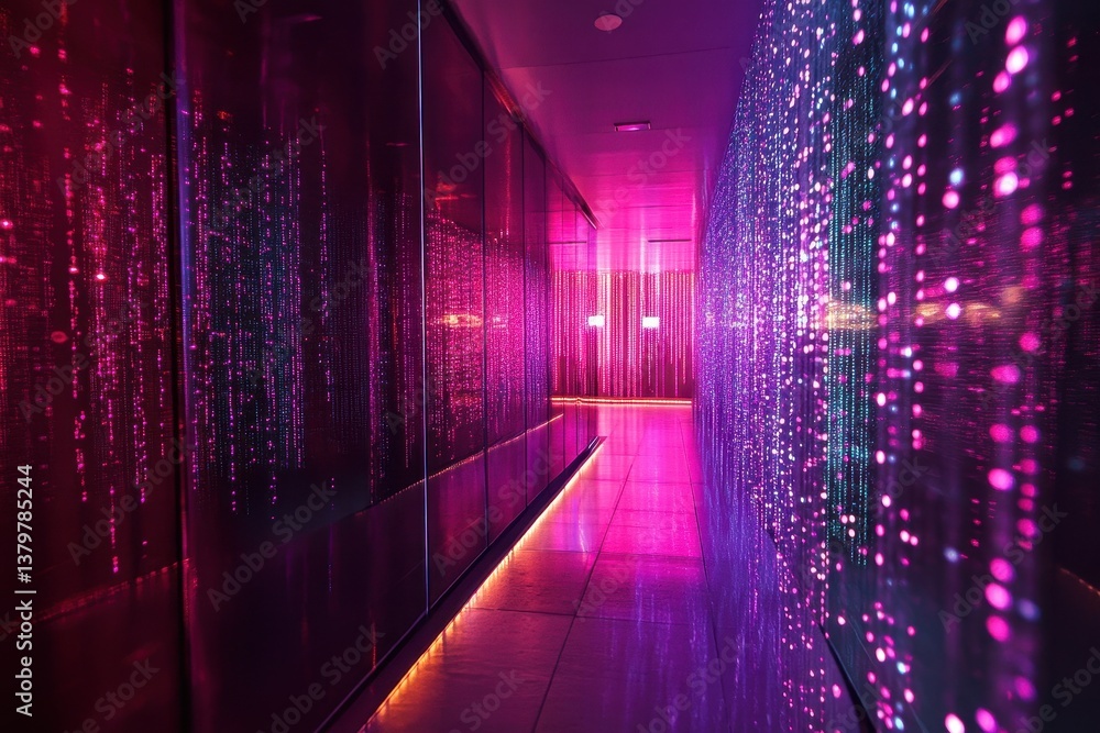 Fototapeta premium Data server room illuminated by vibrant binary code and colorful LED displays during a nighttime setup, Data Server Room and binary numbers code