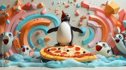 Whimsical cartoon penguin on pizza with abstract shapes and animated fish