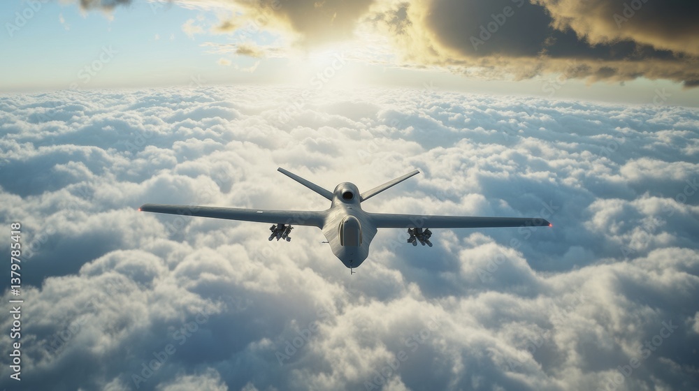 Fototapeta premium An unmanned military drone soars high above the clouds in surveillance mode. 