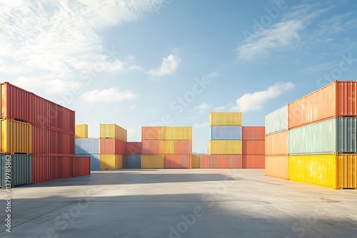 Wallpaper Mural Stacked shipping containers in a large industrial storage yard under a clear sky Torontodigital.ca