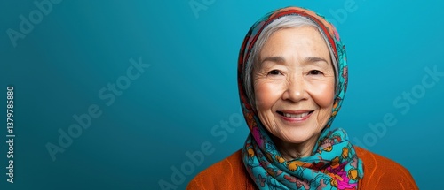 A smiling elderly woman in a colorful scarf against a vibrant blue background, exuding warmth and joy.