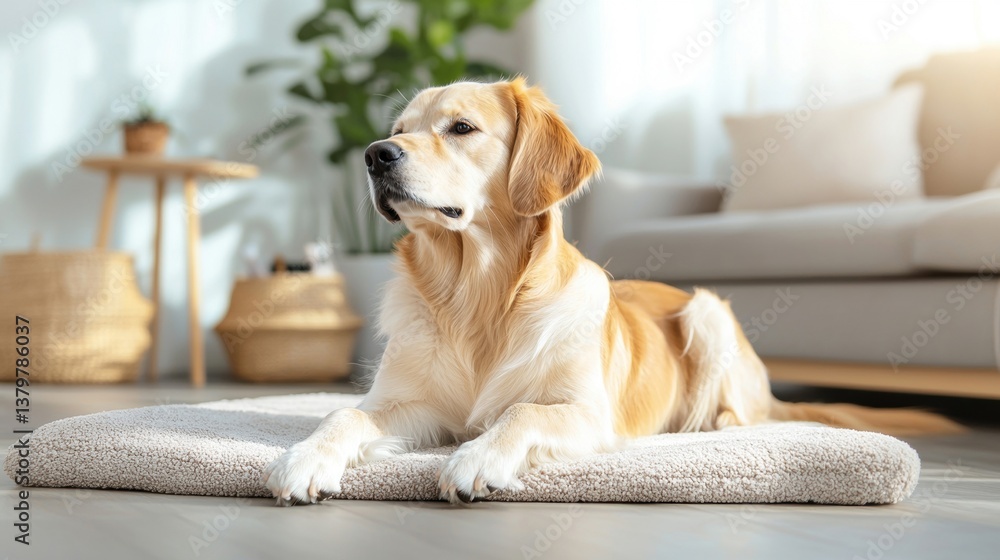 A serene golden retriever rests on a cozy mat in a bright, airy living room, surrounded by plants and soft furnishings. A serene golden retriever rests on a cozy mat in a bright, airy living room, surrounded by plants and soft furnishings.