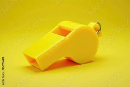 Bright yellow plastic whistle, smooth surface Macro view , equipment, white background, plastic whistle