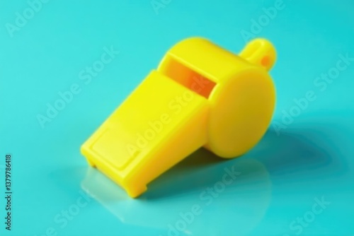 Bright yellow plastic whistle, simple design, clean lines, bright, attention, alert