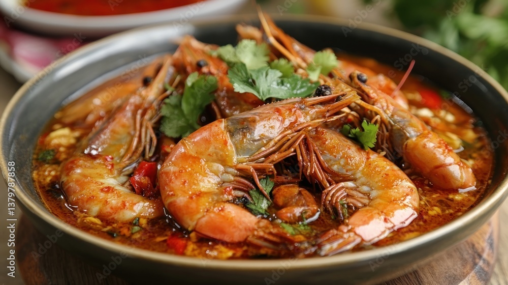 Deliciously cooked prawns in a savory sauce Deliciously cooked prawns in a savory sauce