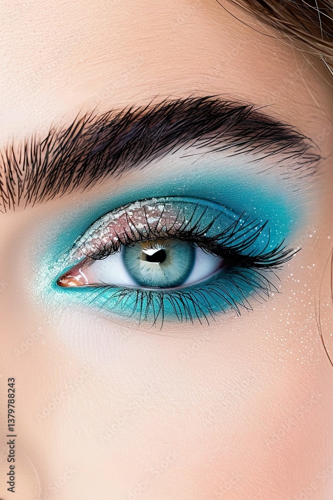 Naklejka premium Icy Makeup Look Featuring Shimmering Silver Eyeshadow and Frosty Blue Eyeliner for a Stunning Winter-Inspired Effect