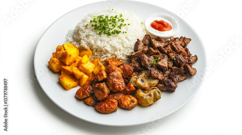 A plate of Brazilian food from a bird's eye view, on a white plate with ample white space, isolated on a white background.