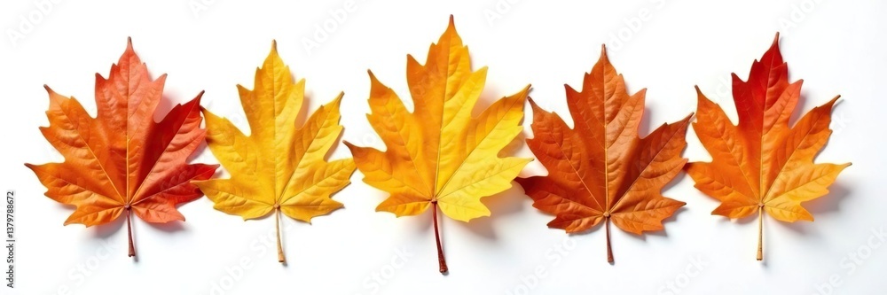 Fototapeta premium A row of isolated oak leaves on a white surface, isolated, white