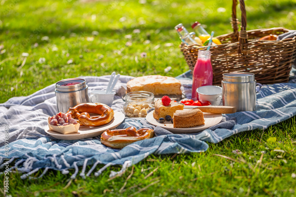 Picnic duvet and basket with different food, fruits, cake and pretzels on green grass in a park Picnic duvet and basket with different food, fruits, cake and pretzels on green grass in a park