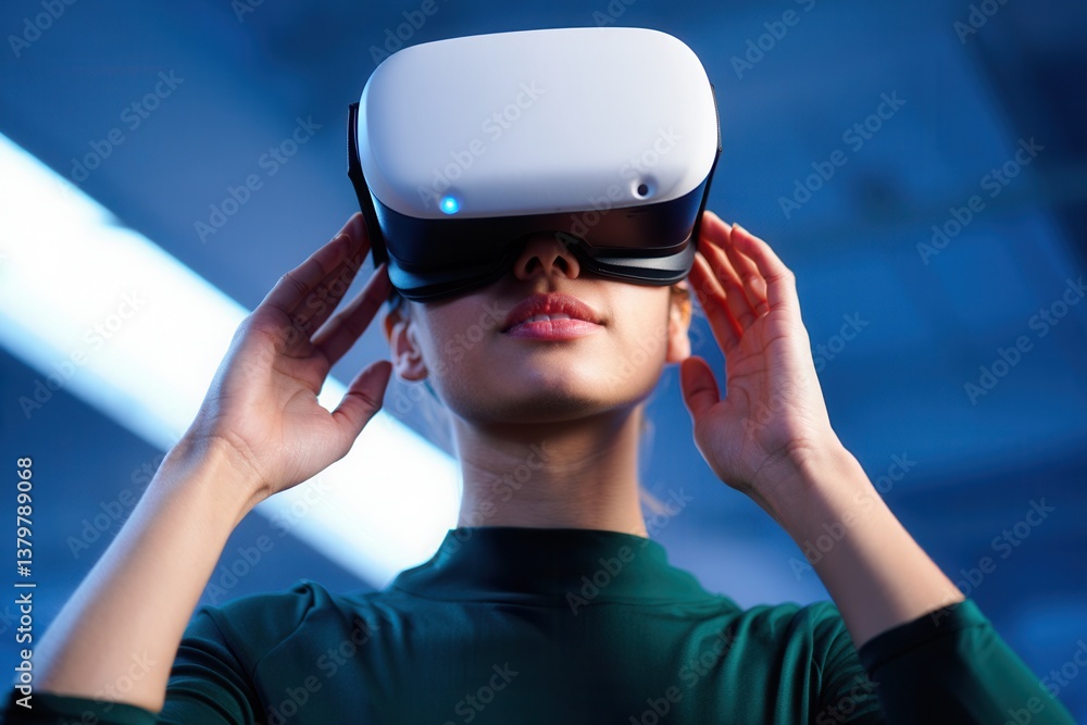 Enthusiastic user engages with virtual reality technology in a modern setting during an immersive experience Enthusiastic user engages with virtual reality technology in a modern setting during an immersive experience