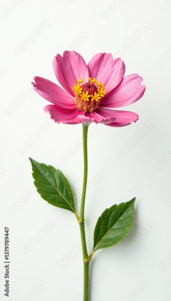 A single flower blooms on a crisp white background, bloom, foliage A single flower blooms on a crisp white background, bloom, foliage