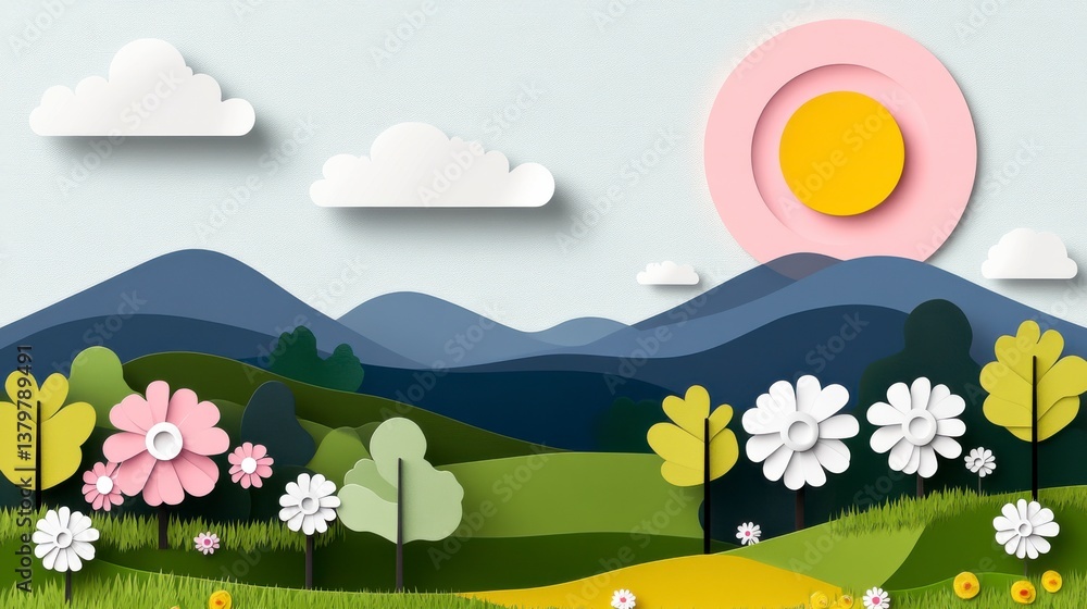 Fototapeta premium Colorful Paper Cut Landscape with Rolling Hills and Bright Sun in a Serene Nature Scene