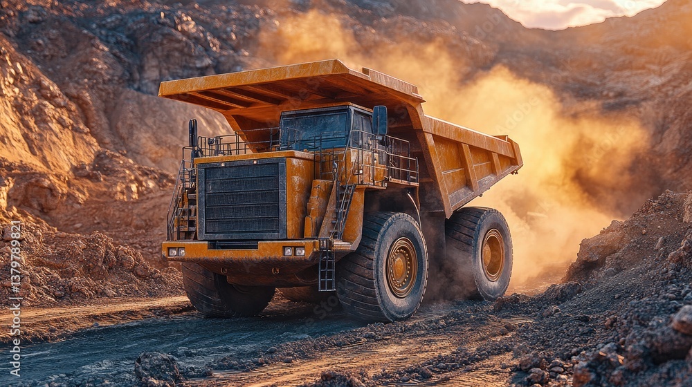 A large yellow mining truck moves through a dusty quarry environment A large yellow mining truck moves through a dusty quarry environment