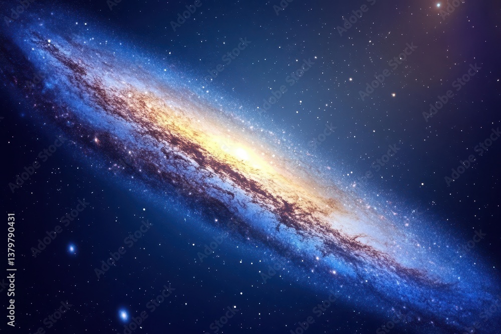 Fototapeta premium Rotating blue galaxy releasing an energy beam into the vastness of space, Rotating blue galaxy, the beam with energy has released