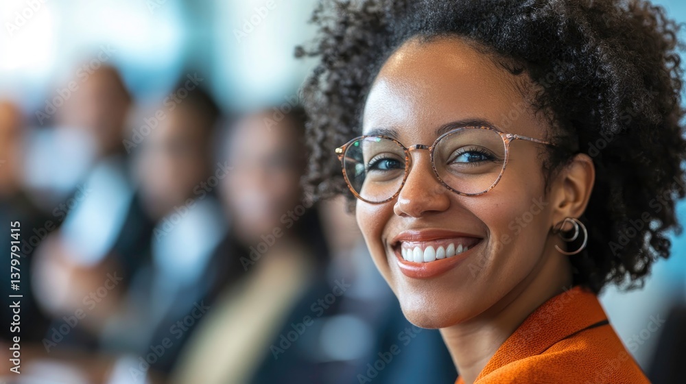 Businesswoman in a Suit, Smiling Happily at a Conference with Diverse Professionals in the Background Businesswoman in a Suit, Smiling Happily at a Conference with Diverse Professionals in the Background
