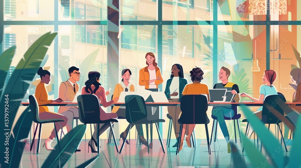 Obraz premium Reunión de trabajo en la oficina, ilustración