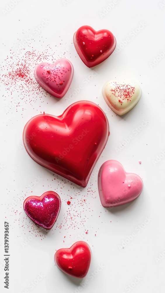 Obraz premium Colorful heart-shaped desserts arranged on a white surface showcase love-themed confections for special occasions