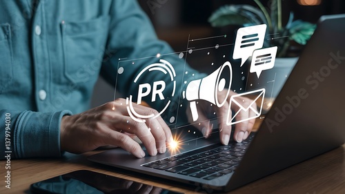 Digital Marketing Icons Holographic Display Hands Typing on Laptop PR Symbol Social Media Floating Icons Futuristic Interface Virtual Workspace Business Communication Technology Concept