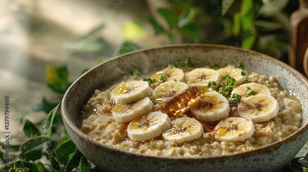 Rustic bowl of oatmeal with banana, honeycomb, and fresh herbs in natural light Rustic bowl of oatmeal with banana, honeycomb, and fresh herbs in natural light