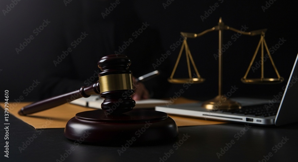 The image captures a gavel on a sound block beside the Scales of Justice, a laptop, and documents in a dimly lit setting, representing the legal system The image captures a gavel on a sound block beside the Scales of Justice, a laptop, and documents in a dimly lit setting, representing the legal system