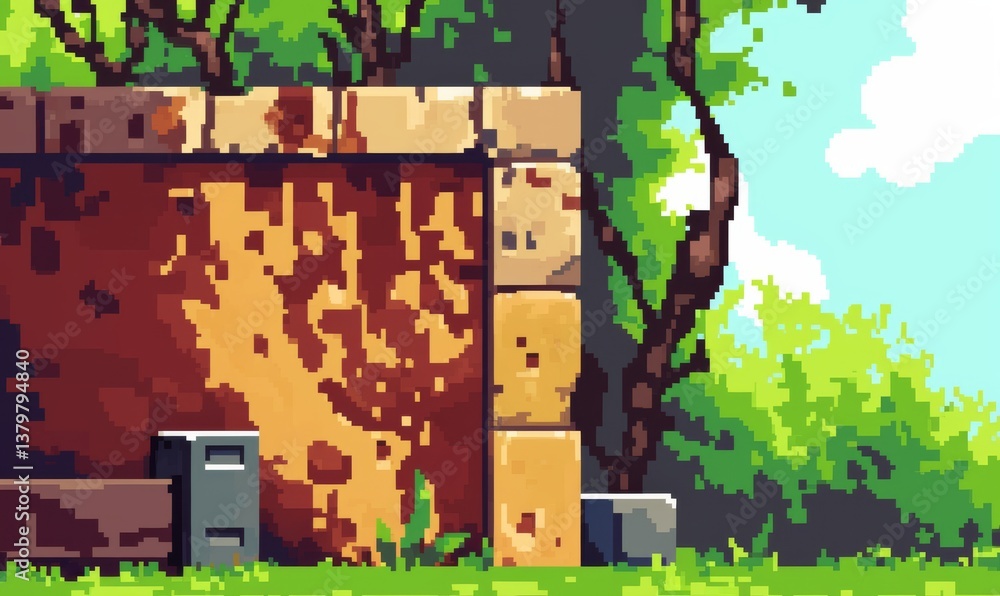 Fototapeta premium Pixel Art Golden Wall with Greenery and Blue Sky Game Design Outdoor Illustration