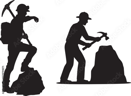 silhouette of geologist with rock hammer vector art illustration