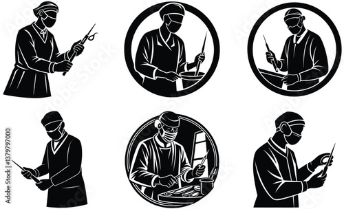 Surgeon performing surgery silhouette black vector art set design