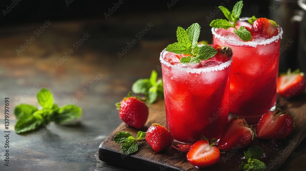 custom made wallpaper toronto digitalRefreshing strawberry mint cocktails. Two glasses filled with a vibrant red drink, garnished with fresh mint leaves and whole strawberries. Iced and sugared rims enhance the presentation